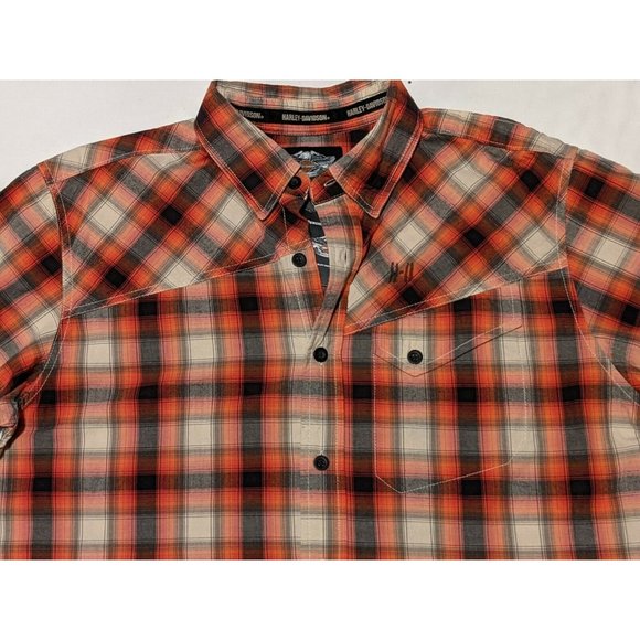 HARLEY-DAVIDSON MEN'S WASHED ORANGE PLAID SHIRT SHORT SLEEVE - NWT - LARGE - Picture 3 of 10